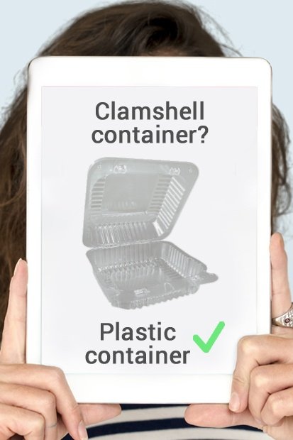 Sign saying clamshell container or plastic container