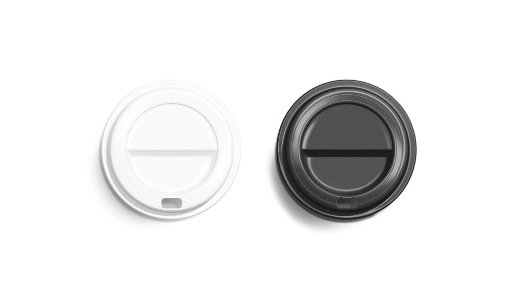 Blank black and white disposable coffee cup lid mockup, lying top view. 