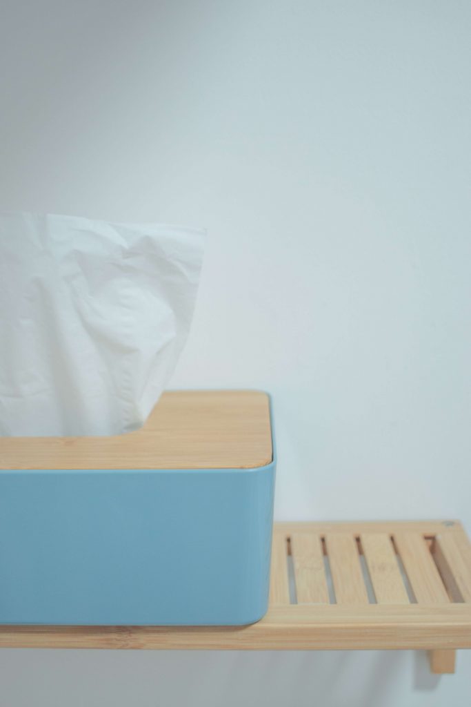 Close up of a tissue box on a shelf, a material that is not recyclable