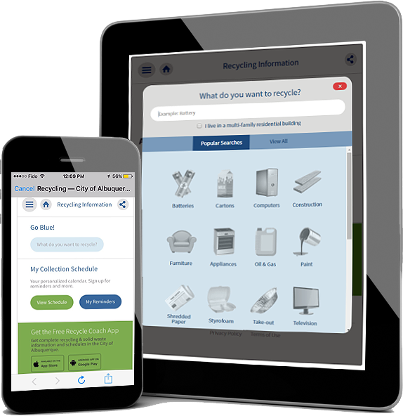 Tablet and mobile phone showing Recycle Coach's What Goes Where?