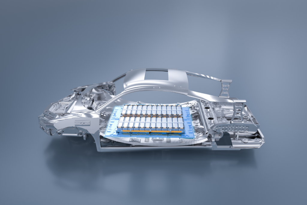 3D rendering electric car battery with pack of battery cells module on platform