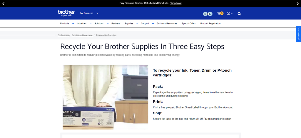 Screenshot of Brother at your side's recycling program information for printer cartridges.