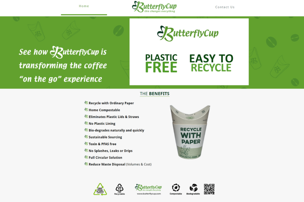 screenshot from butterflycup.com that shows an image of the cup with a list of benefits.