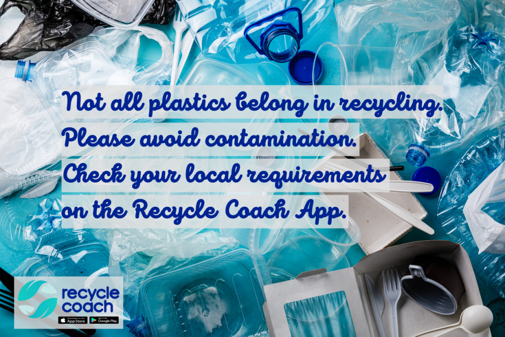 Mixed plastics with a message about checking what your local recycling accepts