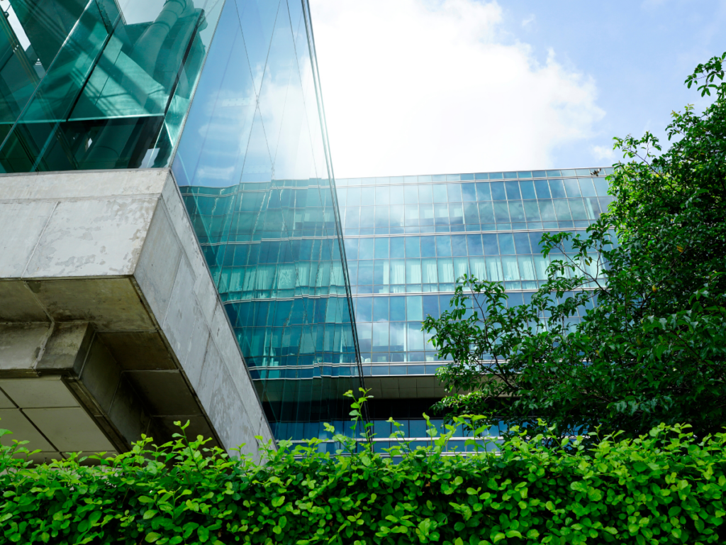 Office building with green plants surrounding