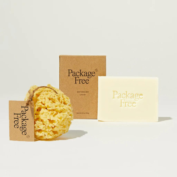 package-free lavender soap and natural sponge