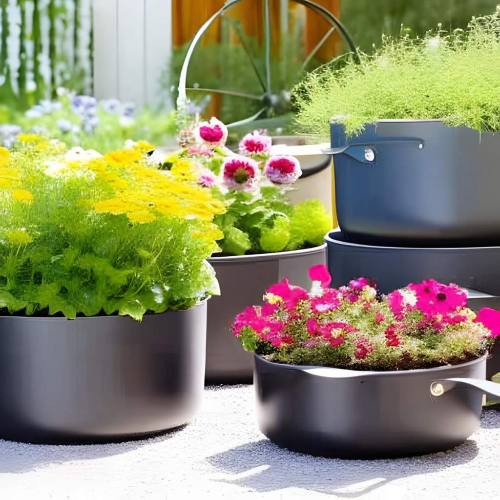 pots and pans used as planters in a garden