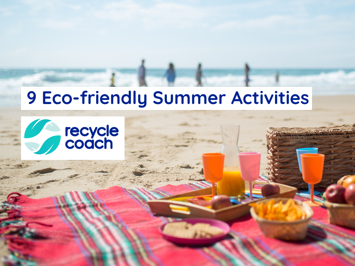 Picnic items onto of a striped blanket at the beach, with text overlayed: 9 Eco-friendly Summer Activities