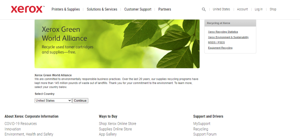 Screenshot of Xerox's Green World Alliance recycling webpage.